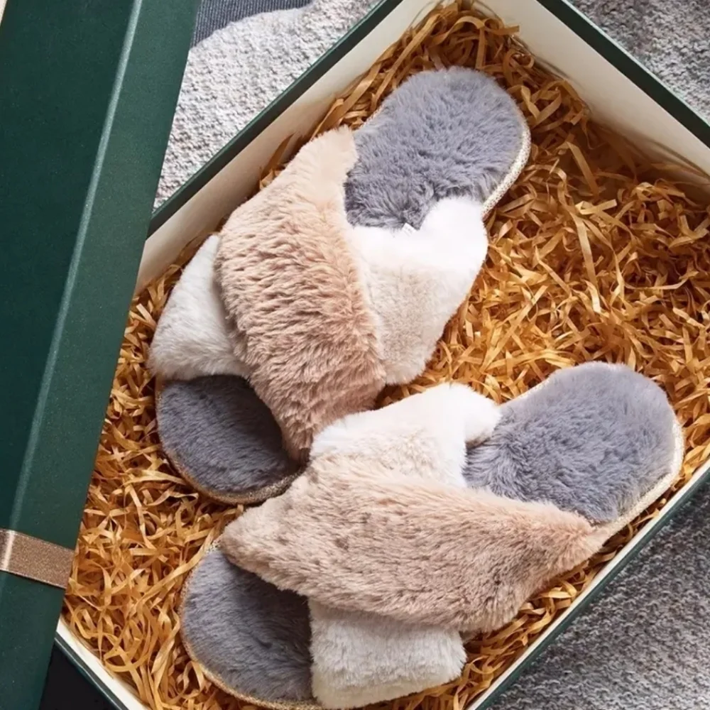 Cozy Faux Fur Slippers in Gray and Tan (NWT) - Picture 1 of 2